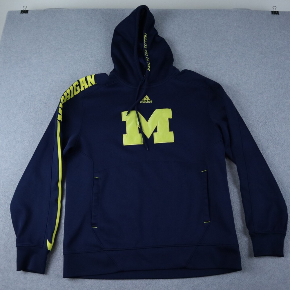 Michigan Wolverines Hoodie Mens Medium Adidas‎ Climawarm Fleece Sweatshirt Blue